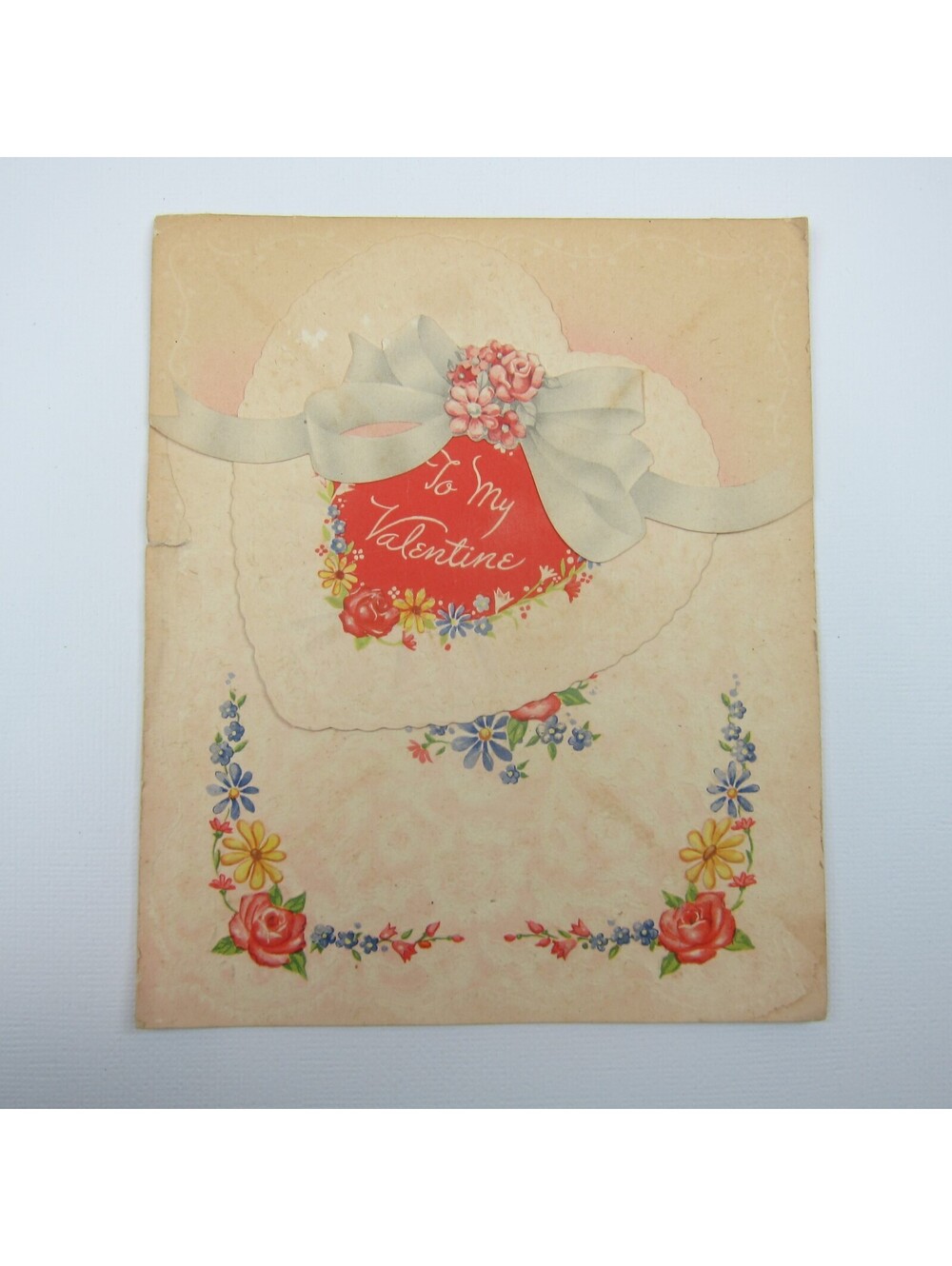 Vintage Valentine Card Flowers Blue Yellow Red Heart Ribbon Fold Golden Bell